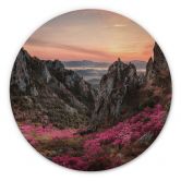 Holzbild Seo - Felsige Landschaft im Sonnenuntergang - Rund 