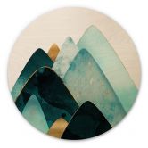 Holzbild Abstrakte Berge in Gold und Blau - SpaceFrog Designs - Rund 