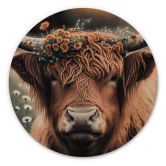 Tableau sur bois Treechild - Vache Highland avec couronne de fleurs - Rond 