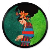 Poster Frau im Streifenkleid mit orangen Blüten - Hülya - Rund 