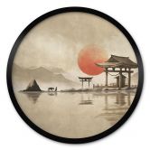 Poster Japanse tempel bij zonsopgang - Roze - Rond 