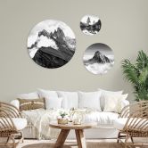 Rundes Wandbilder-Set Berggipfel in den Wolken - Schwarz-weiß (3-teilig) - Alu-Dibond 