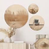 Holzbild Strandkorb, Seestern und Dünen an der Ostsee Set (3-teilig) - Rund 