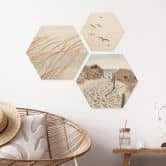Hexagon Holzbild Stranddünen am Meer Set (3-teilig) 