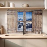 Spritzschutz 3D Holzfenster - Alpenpanorama 