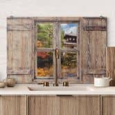Spritzschutz 3D Holzfenster - Japanischer Tempel 