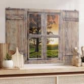 Spritzschutz 3D Holzfenster - Sonnenuntergang über den Hügeln 
