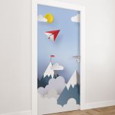 Paper airplane door film in the mountains 