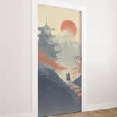 Sunrise over the pagoda door film - Roze - Self-adhesive door decoration 