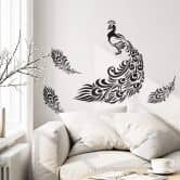 Wandtattoo Kleiner Pfau mit langem Federkleid + 3 Pfauenfedern 