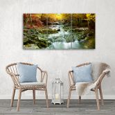 Leinwandbild 3-teilig, Herbst Wald Wasserfall Felsen 