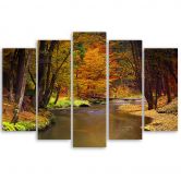 Leinwandbild 5 teilig, Herbstwald Fluss 