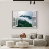 Canvas schilderij, Venster uitzicht bos in de mist 
