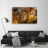 Canvas schilderij, Leeuw en Monstera gouden bladeren 