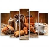 Leinwandbild 5 teilig, Kaffee und Frische Croissants 