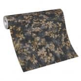 Blomstret non-woven tapet med blade i blå 
