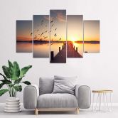 Leinwandbild 5 teilig, Steg Vögel Sonnenuntergang 