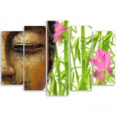 Leinwandbild 5 teilig, Buddha Bambus Zen Gold 