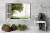 Leinwandbild, Fensterblick, nebliger Baum 