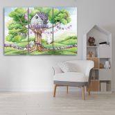 Leinwandbild 3 teilig, Weiße Kaninchen Hütte auf dem Baum 
