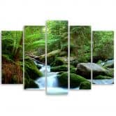 Leinwandbild 5 teilig, Wald Felsen Wasserfall 