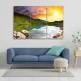 Leinwandbild 3-teilig, Sonnenuntergang Landschaft See 
