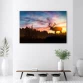 Canvas schilderij, hert bij zonsondergang 
