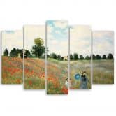 Wandbild 5-teilig, Mohnblumenfeld Claude Monet 