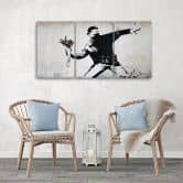 Leinwandbild 3-teilig, Banksy Graffiti Kunst Blumen 