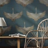 Vliestapete mit Kranichen blau, beige Grafisch 