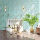 Non-woven wallpaper birds, flowers floral nature matt in blue  