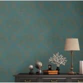 Vliesbehang barok petrol, blauw, goud - vintage vliesbehang met ornamenten 