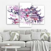 Leinwandbild 3-teilig, Pagode Kirschbaum Japan Gemalt 