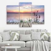 Leinwandbild 3-teilig, Sonnenuntergang Steg See 