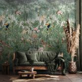 Fotobehang met motief jungle dieren en bloemen met toekan aquarel 2,7 x 1,59 m 