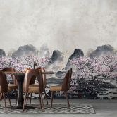 Fototapete Motivtapete Kirschblüten im Nebel mit Bergen in Grau und zarten Rosatönen 2,7 x 2,12 m 
