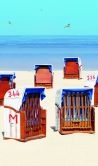 Fototapete mit Strandkörben am Meer Beige, Blau ,Illustration 2,70 x 1,59 m 