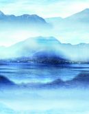 Fototapete mit nebeligem Tal am See Blau, Grau ,Illustration 2,70 x 2,12 m 