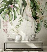 Aquarel jungle bladeren met delicate bloesems Fotobehang 3.4 x 2.65 m 