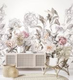 Fotobehang met motief Delicate vintage bloesems in grijs en roos 3,4 x 3,18 m 
