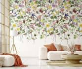 Fototapete Wandtapete mit Motiv Bunte Blumenwiese mit Schmetterlingen und Vögeln 3,4 x 2,12 m 