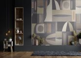 Fotobehang Geometrische vormen in blauw, grijs en crème in Mid-Century 3,4 x 2,65 m 