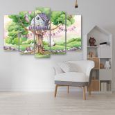 Leinwandbild 5 teilig, Weiße Kaninchen Hütte auf dem Baum 