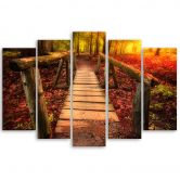 Leinwandbild 5 teilig, Herbst Wald Blätter Brücke 