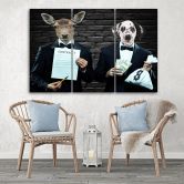 Leinwandbild 3-teilig, Hirsche Hund Anzug 