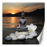 Fototapete, Buddha-Figur auf den Steinen bei Sonnenuntergang 