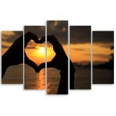 Wandbild 5-teilig, Hände zu einem Herz geformt Sonnenuntergäng 