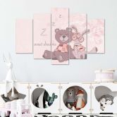 Leinwandbild 5 teilig, Teddybär Rosa Hase 