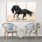 Leinwandbild 3-teilig, Galopp des schwarzen Pferdes 