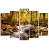 Leinwandbild 5 teilig, Herbstwald Bergbach 